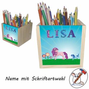 Pony Holz Stiftebox personalisiert z. B. Name Schriftartwahl | 10x10x10cm | Stiftehalter | Schreibtischorganizer Bild 2