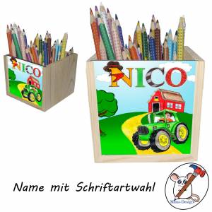 Traktor Holz Stiftebox personalisiert z. B. Name Schriftartwahl | 10x10x10cm | Stiftehalter | Schreibtischorganizer Bild 2