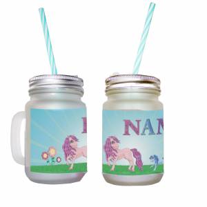 Henkelglas Pony mit Name / Mason Jar Sommerglas mit Deckel und Mehrweg-Trinkhalm Bild 1