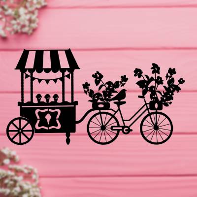 Fensterbild Frühling Blumen-Fahrrad | Eiswagen Frühlingsdeko Vinylfolie Schwarz Weiß | Osterdeko