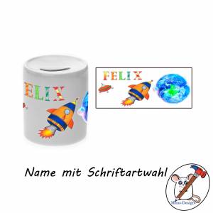 Spardose Motiv Rakete mit Name /  Personalisierbar / Sparbüchse / Sparschwein / Weltall / UFO / Planet Bild 2
