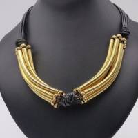 Halskette, Lederkette mit Metallelementen, schwarz + gold, 48 + 4 cm, Lederschmuck, Kette, Schmuck, Schmuckdesign Bild 1