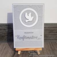 Einladungskarte: Einladung zur Konfirmation ~ Motiv: Taube ~ in Grau, Weiß und Silber ~ 10,5 x 14,85 cm Bild 1