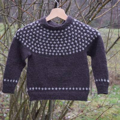 Kinder-Pullover 6J handgestrickt Island Art 100% Wolle braun