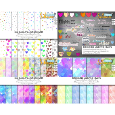 Digi Bundle Valentine Hearts Digipaper und Digistamps Liebe Hochzeit Valentinstag Glückwünsche SVG PNG JPG Papier DIY