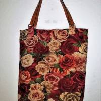 Einkaufstasche, Stoffbeutel,  mit Lederhenkel, rote Rosen