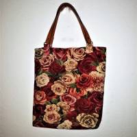Einkaufstasche, Stoffbeutel,  mit Lederhenkel, rote Rosen Bild 2