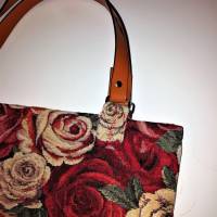 Einkaufstasche, Stoffbeutel,  mit Lederhenkel, rote Rosen Bild 3