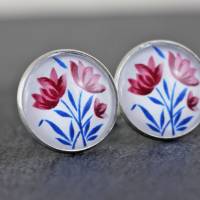 Ohrstecker oder Ohrhänger mit Blumen, rosa und blau, Folklore Bild 1