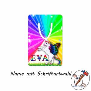 Einhorn Lesezeichen mit Name / Schriftartwahl / Aluminium / 5 x 7,5 x 0,07cm / Personalisierbar / Regenbogen Bild 2