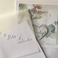 Hochzeitskarte, Karte Hochzeit,Einlegeblatt Transparentpapier quadratisch petrol weiß  13x13cm Herzen Bild 4