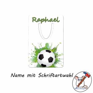 Fußball Lesezeichen mit Name / Schriftartwahl / Aluminium / 5 x 7,5 x 0,07cm / München / Hamburg / Berlin Bild 2