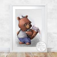 Kinderzimmer Poster Jungen [A3] Bär mit Hase Babyzimmer Bilder Tiere Dekoration  | Fluffy Hugs Bild 1