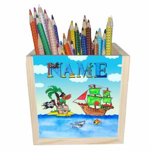 Pirat Holz Stiftebox personalisiert z. B. Name Schriftartwahl | 10x10x10cm | Stiftehalter | Schreibtischorganizer Bild 1