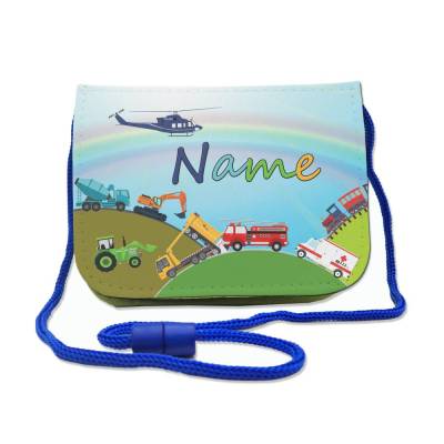 Kinder Brustbeutel mit Name /Fahrzeuge / Klettverschluss Schnur Klarsichtfach / personalisierbar /Geldbörse zum Umh