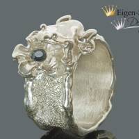 Goldschmiede Froschring "Frosch mit Blume" in 925er Sterling Silber, Unikat, massiv Silber, Fingerring Bild 1