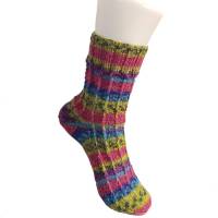 handgestrickte Socken, Größe 38/39, 4fach Sockenwolle, pink lila grün, mit Hebemaschen Bild 2