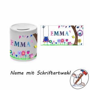 Spardose Motiv Eulen mit Name / Personalisierbar / Baum / Vogel / Sparschwein / Sparbüchse Bild 2