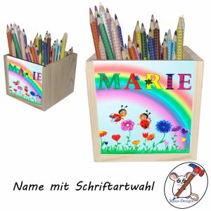 Marienkäfer Holz Stiftebox personalisiert z. B. Name Schriftartwahl | 10x10x10cm | Stiftehalter | Schreibtischorganizer Bild 2