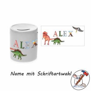 Spardose Motiv Dino mit Name / Personalisierbar /  Sparbüchse / T-Rex / Stegosaurus / Flugsaurier / Vulkan Bild 2