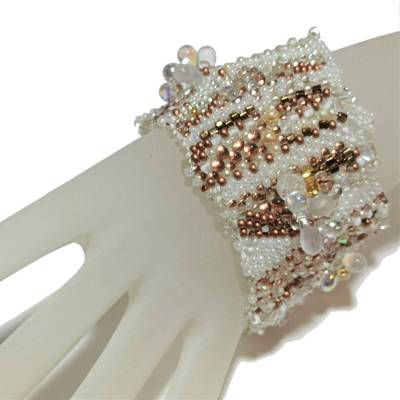Breites Armband weiß kupfer Glas handmade Unikat – Boho Brautschmuck & Statement