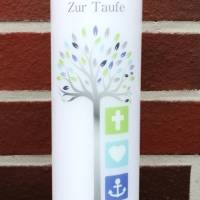 Taufkerze personalisiert mit Namen Datum und Taufspruch "Lebensbaum Symbole blau", Junge/ Mädchen Bild 3
