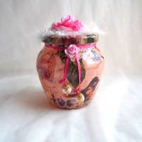 Dekoglas bauchig (Nr. 1) mit Banderole, Stoffblume und Feder, creme-rosa Bild 1