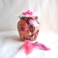 Dekoglas bauchig (Nr. 1) mit Banderole, Stoffblume und Feder, creme-rosa Bild 2
