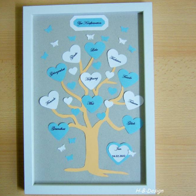 Geschenk zur Konfirmation/Kommunion, Lebensbaum im Bilderrahmen, Geschenk Junge, hellblau-weiß, Herzen mit Wünschen