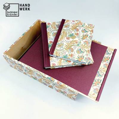 Set, Erinnerungsbox Notizbuch Fotoalbum, metallic rot, Ranken gold, UNIKAT, Hochzeitsbox