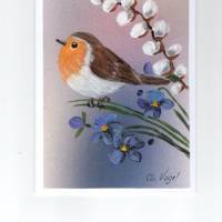 Grußkarte-  Frühlingsgruß-  Rotkehlchen und Veilchen-   handgemalt Bild 1