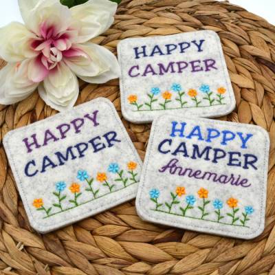 Stickdatei Camper happy camper Mugrug Untersetzer