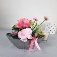 Frühlingsdeko Tischdeko silberfarbig rosa, Rosen und Nelke Bild 1