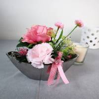 Frühlingsdeko Tischdeko silberfarbig rosa, Rosen und Nelke Bild 2
