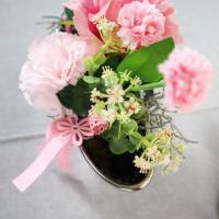 Frühlingsdeko Tischdeko silberfarbig rosa, Rosen und Nelke Bild 3