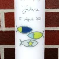 Taufkerze personalisiert mit Namen Datum und Taufspruch "Fische blau", Junge/ Mädchen Bild 3
