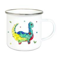 Geschenk zur Einschulung, Emaille-Tasse mit Namen, personalisierte Becher Motiv Dinosaurier Bild 3