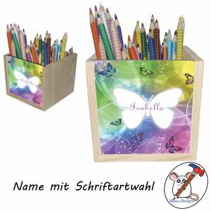 Schmetterling Holz Stiftebox personalisiert z. B. mit Name und Schriftartwahl | 10x10x10cm | Stiftehalter | Bild 2