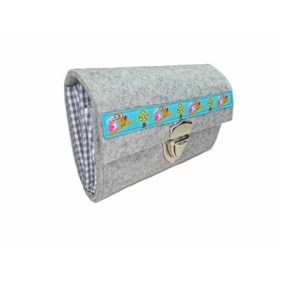 Handmade Portemonnaie Filz + Karo hellgrau / rosa aus Merino Wollfilz Webband / Filzfarbe / Verschlussart auswählbar