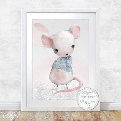 Babyzimmer Bilder [A3] Kleine Maus Kinder-Zimmer-Bild Tiere Poster  | Fluffy Hugs