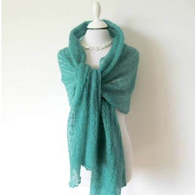 Schal aus Mohair und Seide in Smaragdgrün, gestricktes Stola Tuch reine Naturfaser, Umschlagtuch