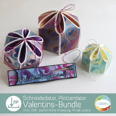 Plotterdatei Valentins-Bundle, Blüten-Geschenkbox, Verpackung Stiftehalter, Box zum Verschenken, Stift für Liebesbriefe