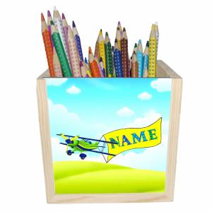 Flugzeug Holz Stiftebox personalisiert z. B. mit Name und Schriftartwahl | 10x10x10cm | Stiftehalter | Bild 1