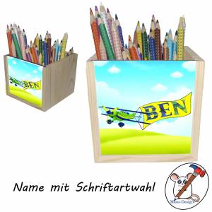 Flugzeug Holz Stiftebox personalisiert z. B. mit Name und Schriftartwahl | 10x10x10cm | Stiftehalter | Bild 2
