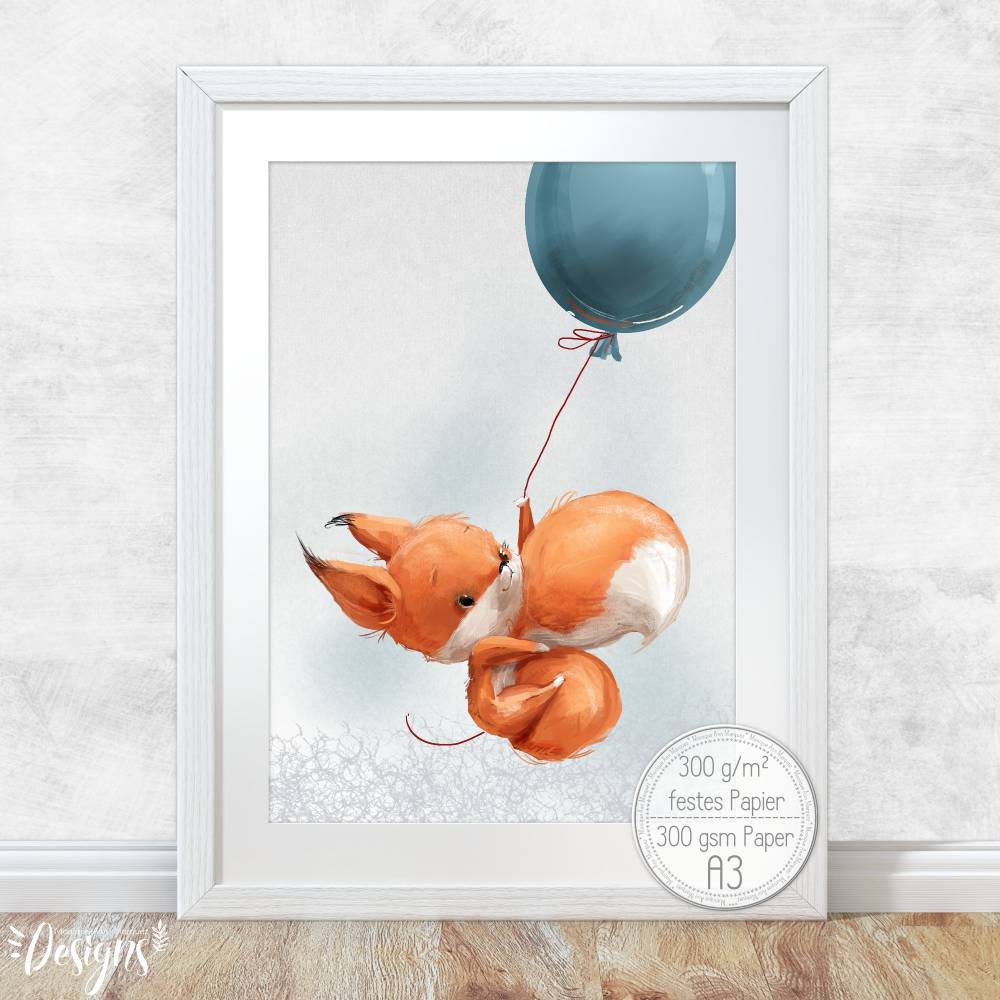 Babyzimmer Bilder Fuchs am Ballon [A3] Kinder-Zimmer-Bild Tiere Poster  | Fluffy Hugs Bild 1
