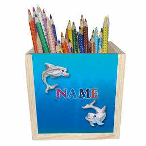 Delfin Holz Stiftebox personalisiert z. B. mit Name und Schriftartwahl | 10x10x10cm | Stiftehalter | Bild 1