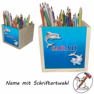 Delfin Holz Stiftebox personalisiert z. B. mit Name und Schriftartwahl | 10x10x10cm | Stiftehalter | Bild 2