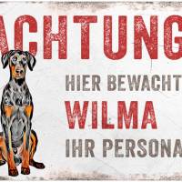 Hundeschild ACHTUNG! (Dobermann) mit Hundename, wetterbeständiges Warnschild Bild 1