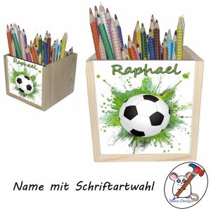 Fußball Holz Stiftebox personalisiert z. B. Name Schriftartwahl | 10x10x10cm | Stiftehalter | Schreibtischorganizer Bild 2