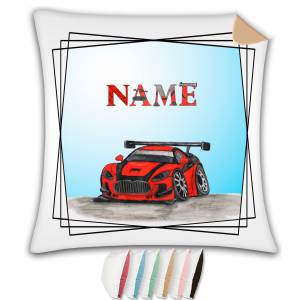 Kissen mit Name / Kissenbezug mit Füllung / satiniert oder kuschlig auch mit farbiger Rückseite / Auto Rennwagen Bild 1